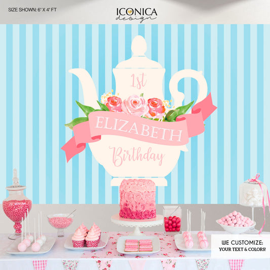 Tea Party First Birthday Backdrop, Tea Party Dessert Table Banner, any age, Floral Blue and Pink Backdrop, Printed