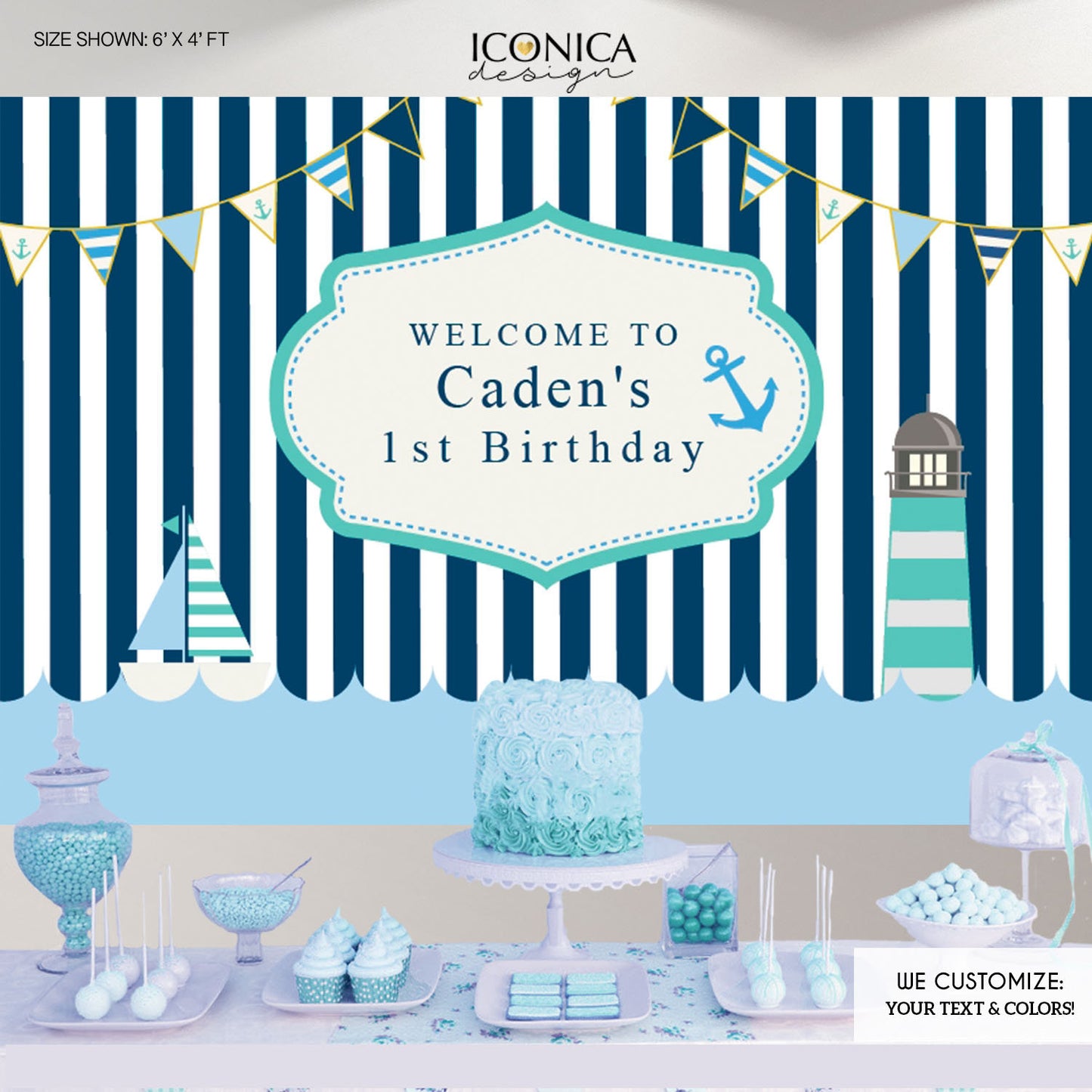 Nautical First Birthday Party Backdrop Any age any colors Blue and Mint Banner Little Sailor, Printed BBD0115