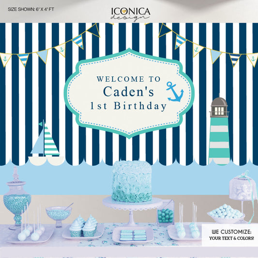 Nautical First Birthday Party Backdrop Any age any colors Blue and Mint Banner Little Sailor, Printed BBD0115