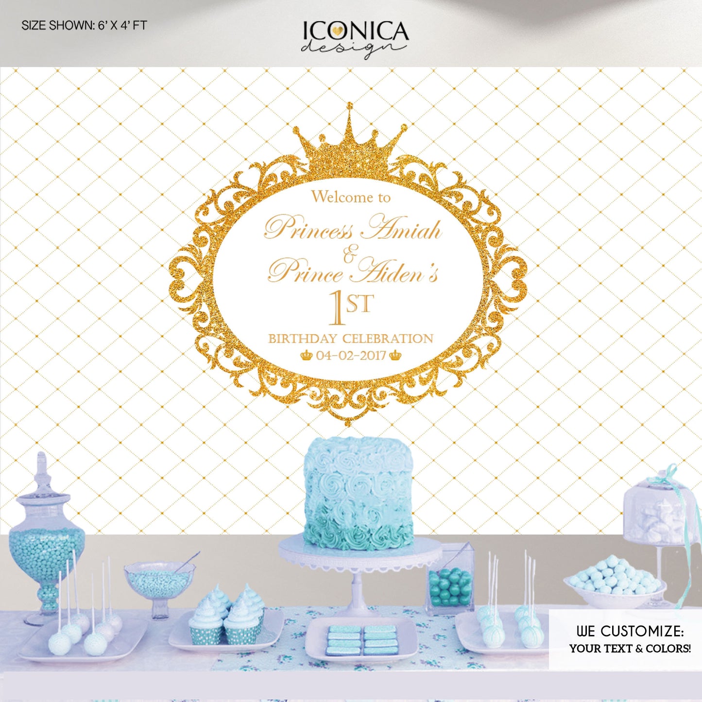 Princess Birthday Party Backdrop, Royal party Backdrop, White and Gold Party Banner, Printed or Printable File, Free Shipping BBD0128
