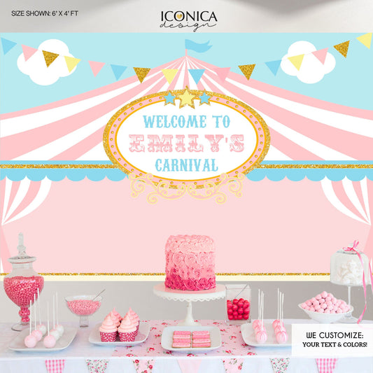 Carousel Banner Carnival Banner Circus Party Backdrop Pastel Colors First Birthday Banner Pink Gold Blue Printed Bbd0033