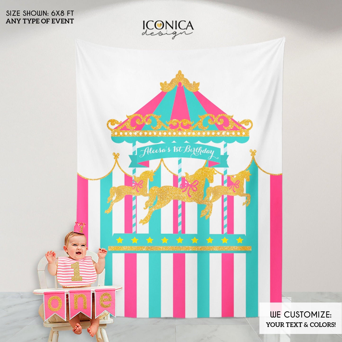 Carousel Party Backdrop, First Birthday, any age, any wording, Pink and Blue Circus Banner, Bright Colors, Printed