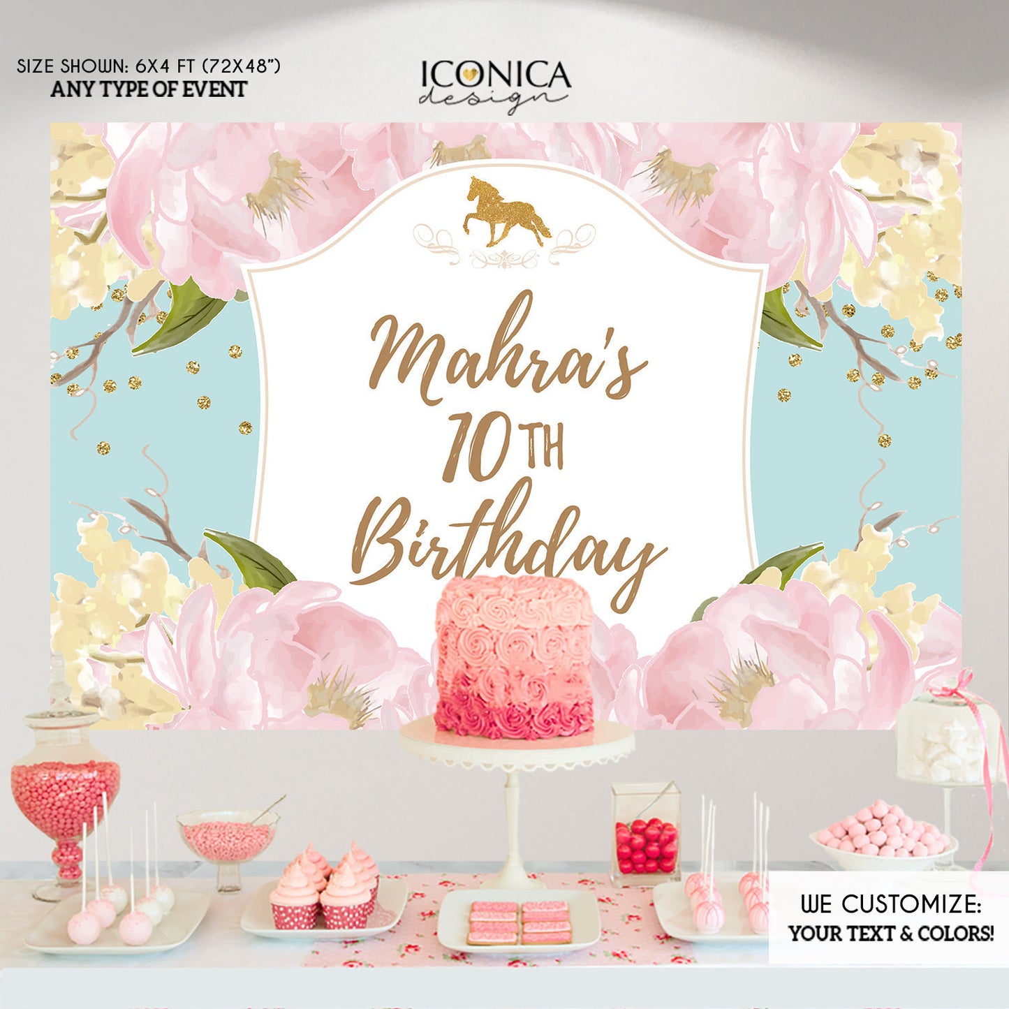 Pink And Mint Green Party Decor, Horse Party Backdrop, Dessert Table Banner, Garden Party,Pink Peonies, Printed Or Printable File BBD0139