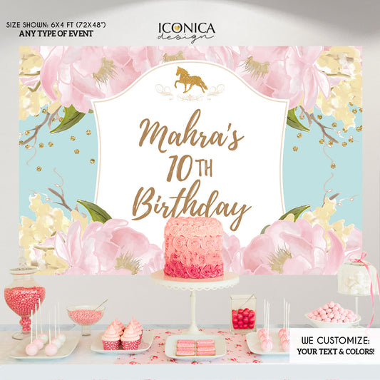 Pink And Mint Green Party Decor, Horse Party Backdrop, Dessert Table Banner, Garden Party,Pink Peonies, Printed Or Printable File BBD0139