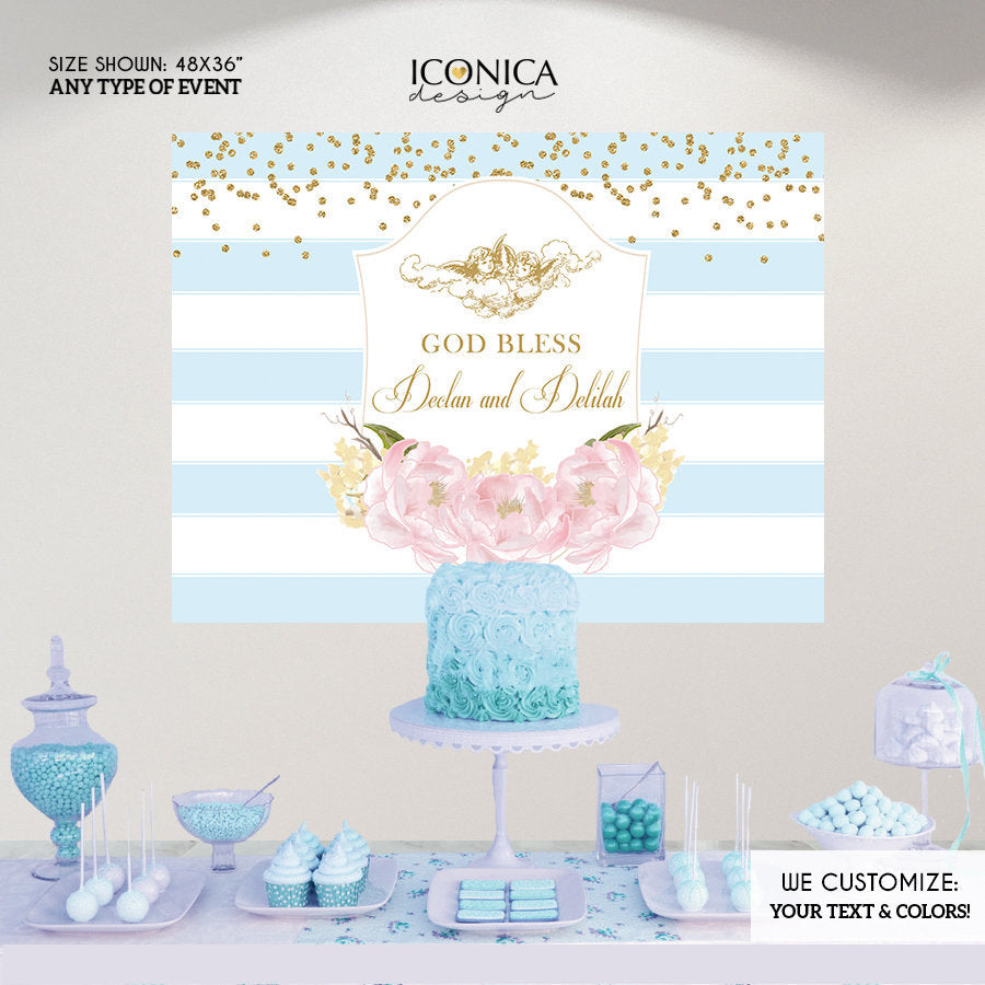 Baptism Party Backdrop, First Communion Banner, Floral Banner Pink Peonies Striped Banner, Angels, Banner, Printed Bfc0004