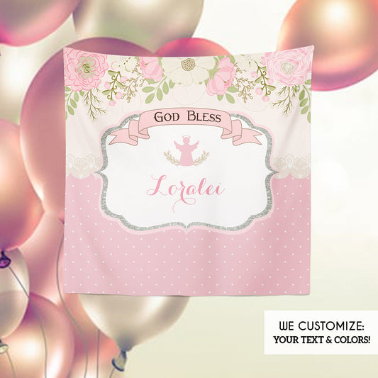 Floral Baptism Banner, Floral First Communion Backdrop, Little Angel, Religious Girl Banner, Silver Glitter, Printed , Bfc0003