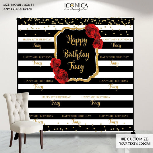 50 Birthday Photo Booth Backdrop,50th Birthday Party Backdrop, Floral Banner Red Roses and Gold Backdrop, Black and White Backdrop - Milestone Birthday Backdrop