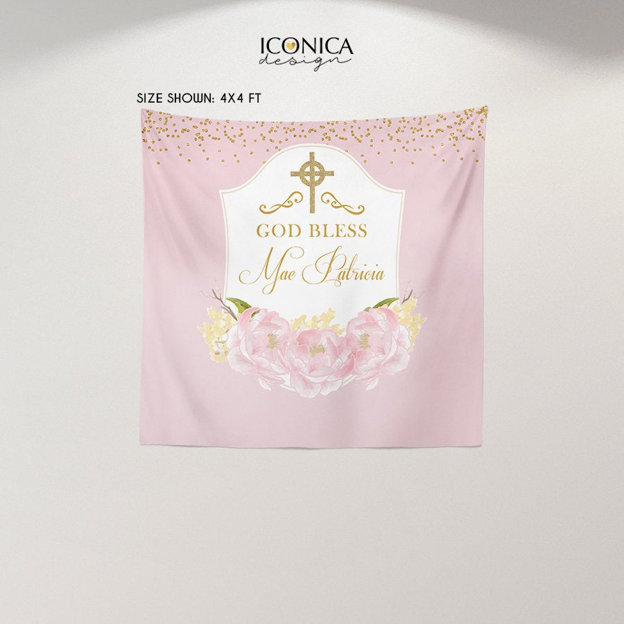 Baptism Backdrop,First Communion Backdrop,Floral Photo Backdrop,Pink Peonies Christening Backdrop,Printed BFC0002
