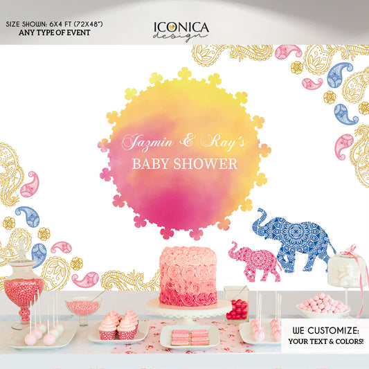 Moroccan Baby Shower Backdrop, Pink And Orange Watercolor Elephant Party Backdrop, Any Event, Printed Or Printable File Bbs0024