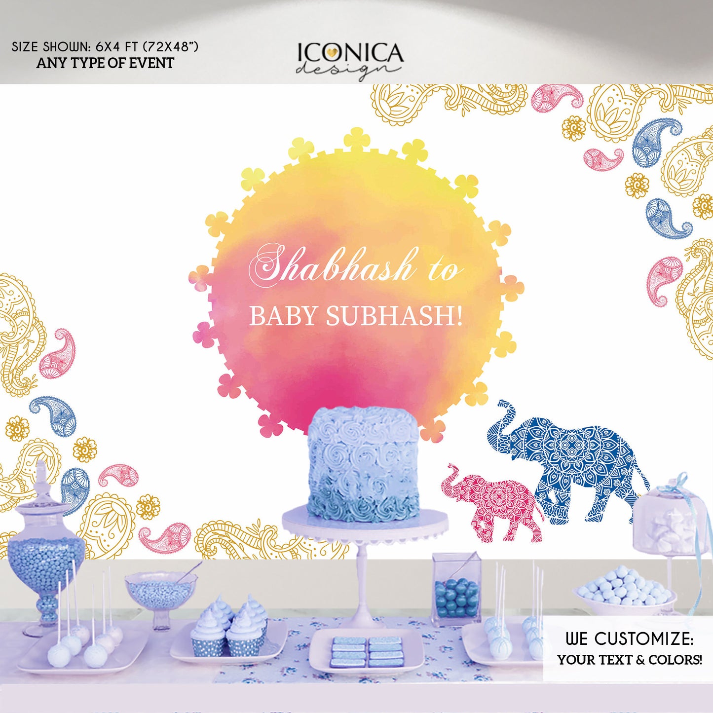 Moroccan Baby Shower Backdrop, Pink And Orange Watercolor Elephant Party Backdrop, Any Event, Printed Or Printable File Bbs0024