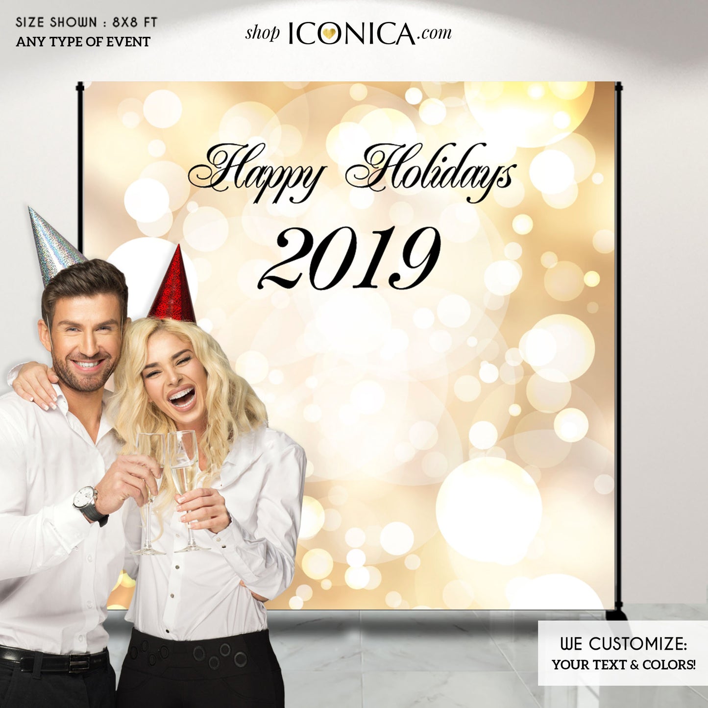 Holiday Party Backdrop,Printed Gold Bokeh backdrop,Christmas Party Photo Backdrop,Gold and Black Corporate event decorations