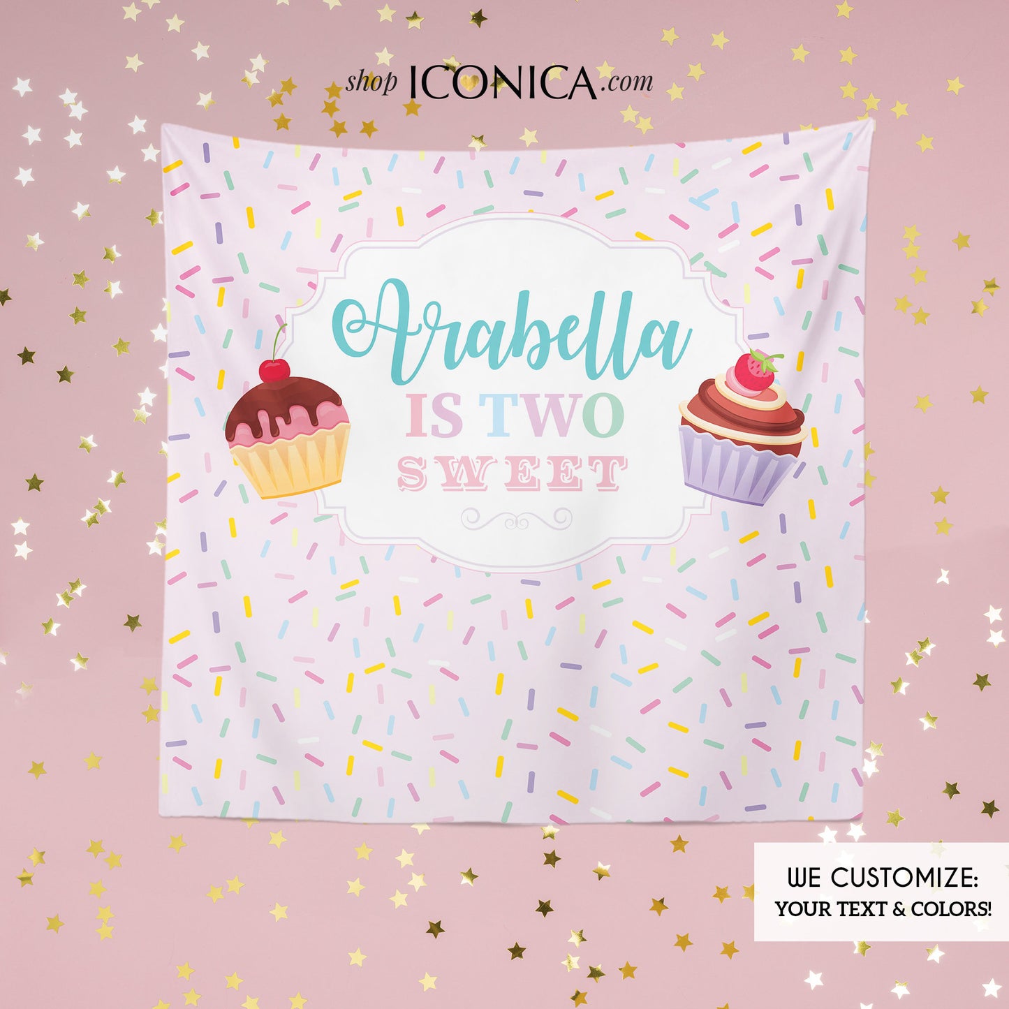 Candyland backdrop,Cupcake Party Decorations Personalized,TWO Sweet Banner,Sprinkle Party Decor,Sweet Shop Party Decor
