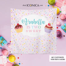 Load image into Gallery viewer, Candyland backdrop,Cupcake Party Decorations Personalized,TWO Sweet Banner,Sprinkle Party Decor,Sweet Shop Party Decor
