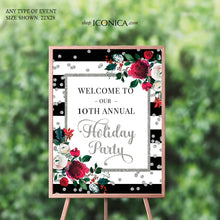 Load image into Gallery viewer, Holiday Party Welcome Sign , Black and White Holiday Party Decor, Festive Striped Welcome Sign , Printed Or Digital File
