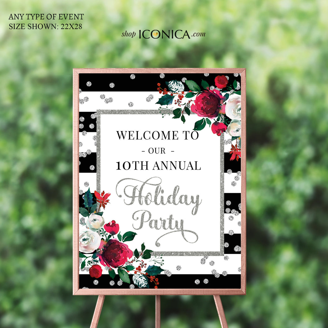Holiday Party Welcome Sign , Black and White Holiday Party Decor, Festive Striped Welcome Sign , Printed Or Digital File