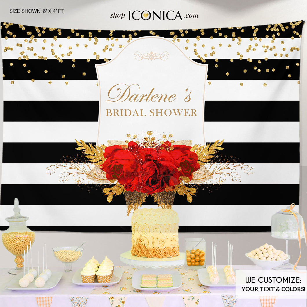 Bridal Shower Backdrop, Black and White Stripes Banner, Floral Red and Gold backdrop, Red roses backdrop, Printed BBR0036