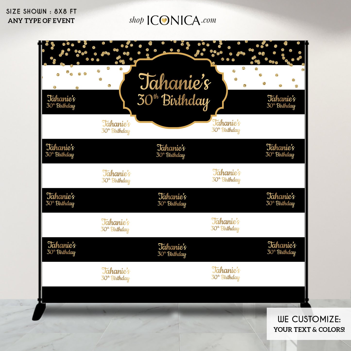 30th Birthday Photo backdrop personalized, Black and White Striped Backdrop, Holiday Party, Milestone Birthday Backdrop, any age or text, Printed BBD0101