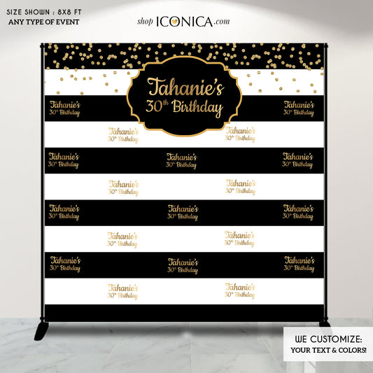 30th Birthday Photo backdrop personalized, Black and White Striped Backdrop, Holiday Party, Milestone Birthday Backdrop, any age or text, Printed BBD0101