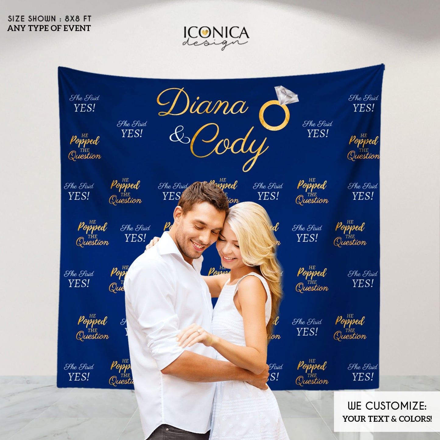 Engagement Party Photo Booth Backdrop, She said YES, Blue and Gold Backdrop, Wedding Backdrop, Printed Engagement backdrops