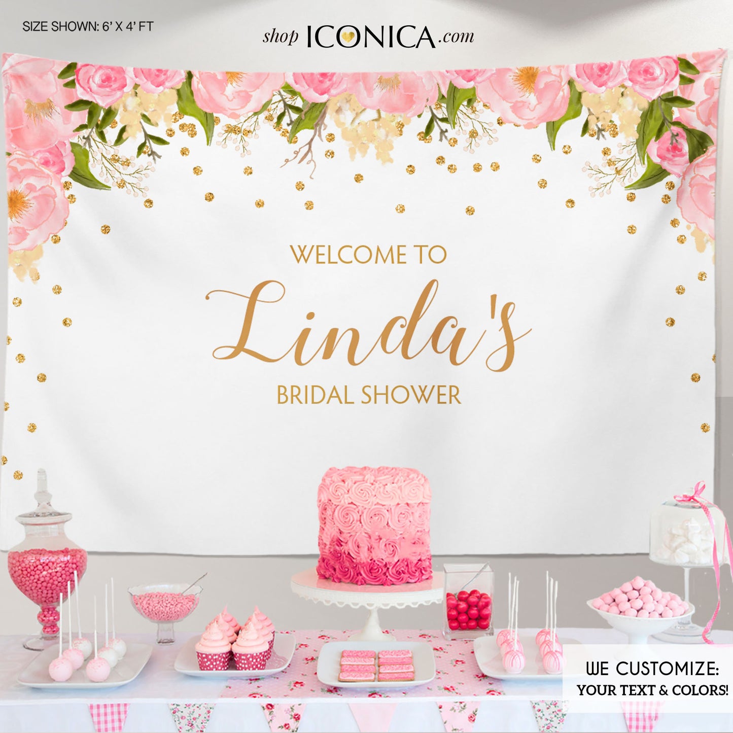 Floral Bridal Shower Backdrop, Gold And Pink Dessert Table Banner Any Event Watercolor Flowers Garden Printed Bbr0002