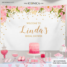 Load image into Gallery viewer, Floral Bridal Shower Backdrop, Gold And Pink Dessert Table Banner Any Event Watercolor Flowers Garden Printed Bbr0002
