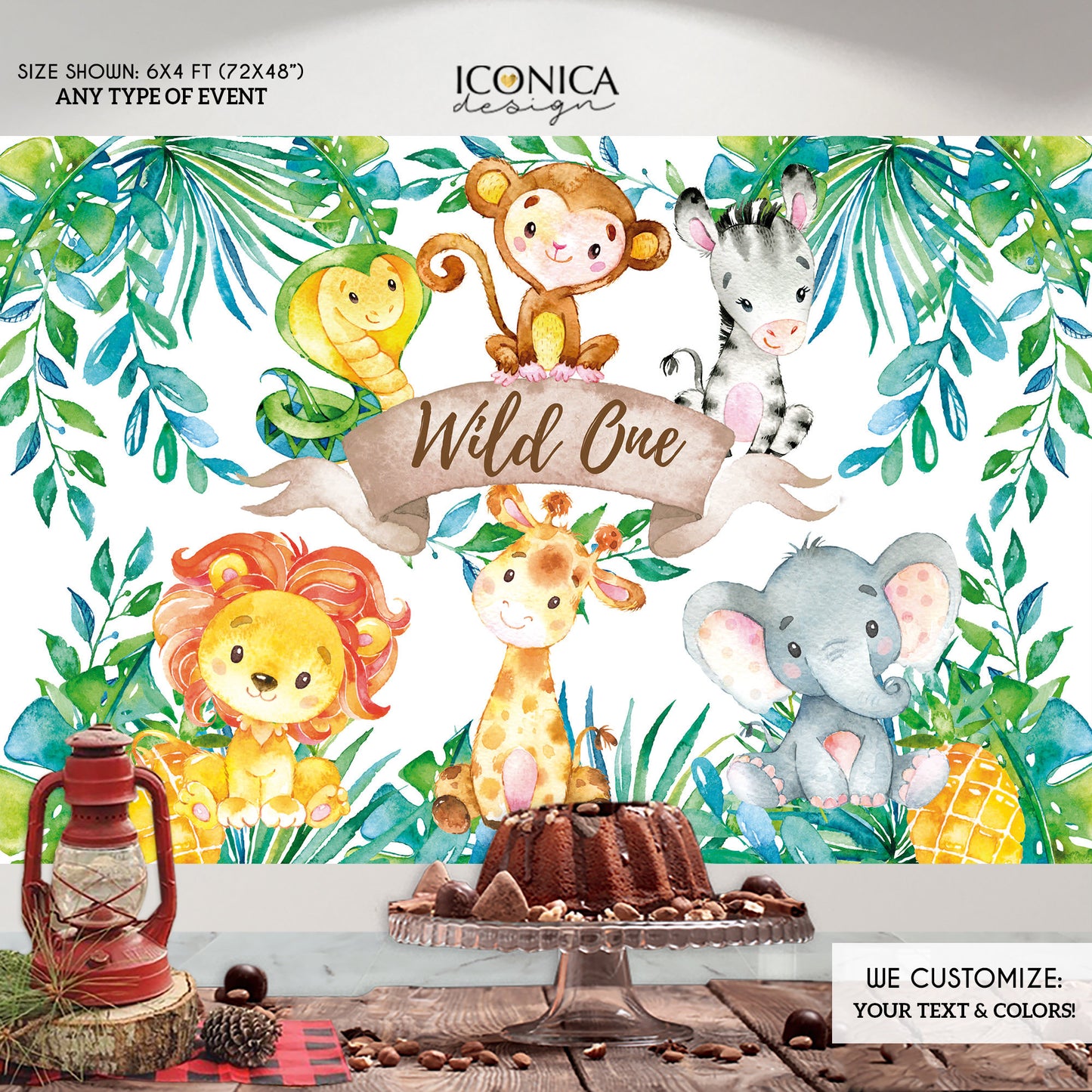 Safari Backdrop, Party Animals Backdrop,Personalized Safari Banner, Jungle Animals Backdrop,Wild ONE Decor,Watercolor Safari Baby Shower