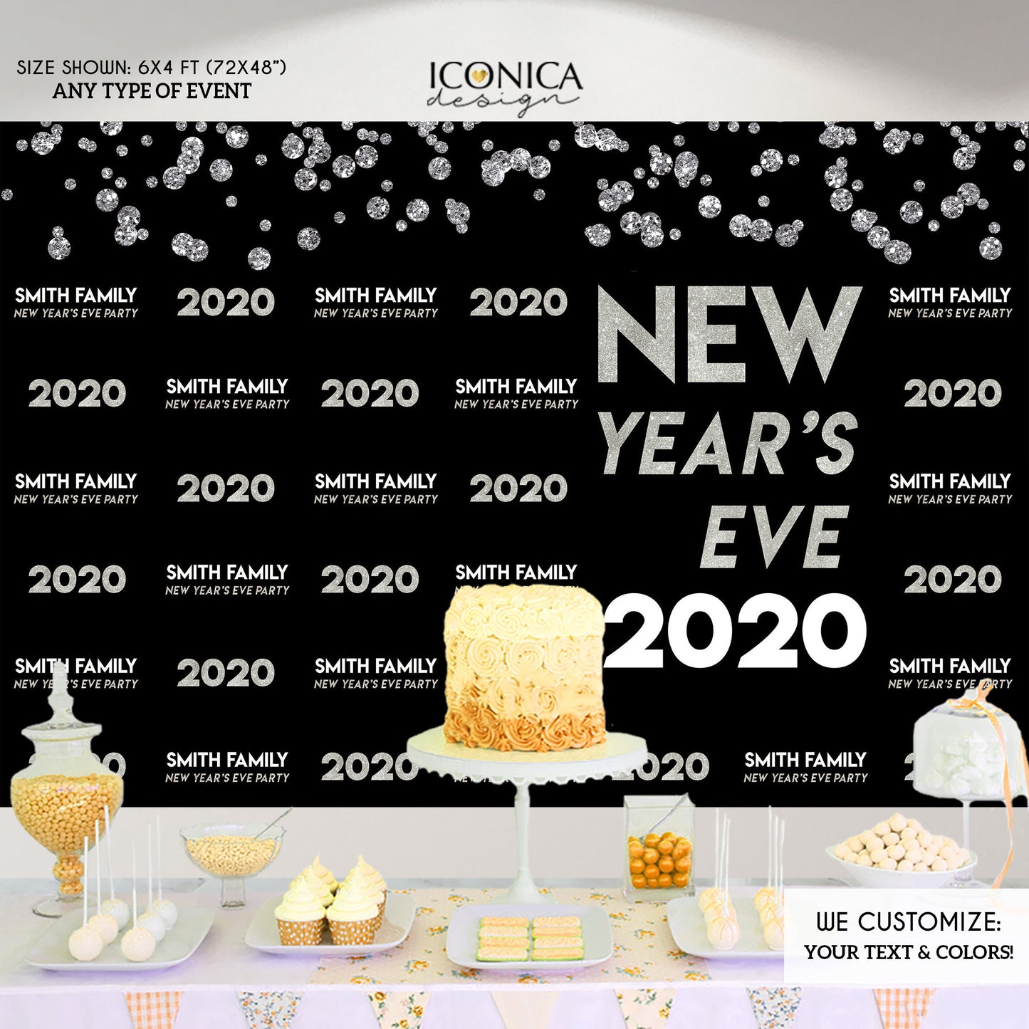 NYE PARTY New Year's Eve party Photo Booth Backdrop, Black and Faux Silver backdrop, any type of event, Printed or Printable File BHO0027