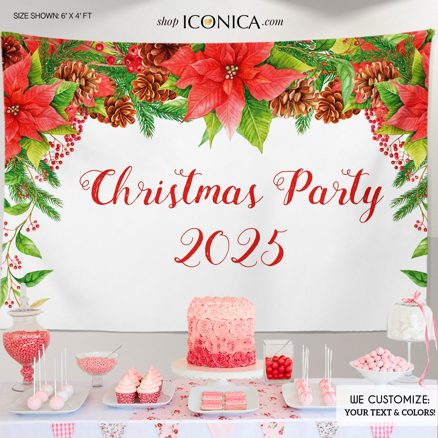 Holiday Party Backdrop, Festive Christmas backdrop, Happy Holidays Backdrop,any wording, Floral Christmas Banner, Printed