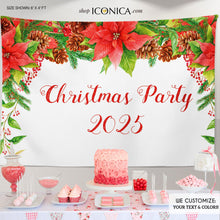 Load image into Gallery viewer, Holiday Party Backdrop, Festive Christmas backdrop, Happy Holidays Backdrop,any wording, Floral Christmas Banner, Printed
