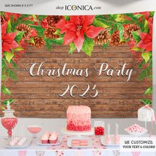Load image into Gallery viewer, Rustic Christmas Party Backdrop,Christmas backdrop,Floral Poinsettias Wooden Photo Booth Backdrop, any wording, Printed
