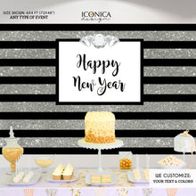 Load image into Gallery viewer, Happy New Year Party Backdrop, Silver Glitter, Silver Sparkles, New Year&#39;s Eve Backdrop Any Type Of Event Printed Or Printable File BHO0001

