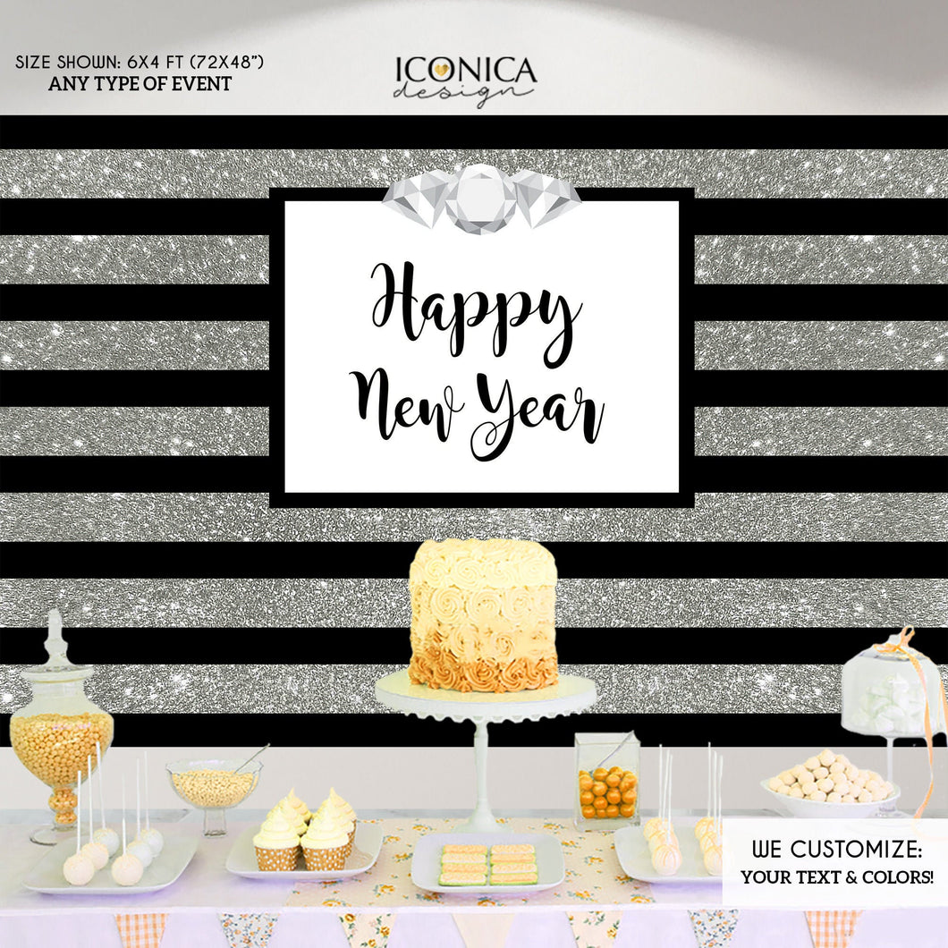 Happy New Year Party Backdrop, Silver Glitter, Silver Sparkles, New Year's Eve Backdrop Any Type Of Event Printed Or Printable File BHO0001