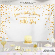 Load image into Gallery viewer, Twinkle Twinkle Baby Shower Party Backdrop, Twinkle Little Star Banner - Gold Stars backdrop- Printed Or Printable File BBS0048
