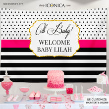 Load image into Gallery viewer, Glam Black And White Stripes Birthday Banner Bridal Baby Shower Backdrop Modern Black White Stripes Gold Glitter Printed Or Printable File
