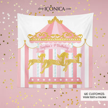 Load image into Gallery viewer, Carousel Backdrop personalized, Carousel Party Banner,Carnival Party,Carousel First Birthday Any Age, Printed Bbd0002
