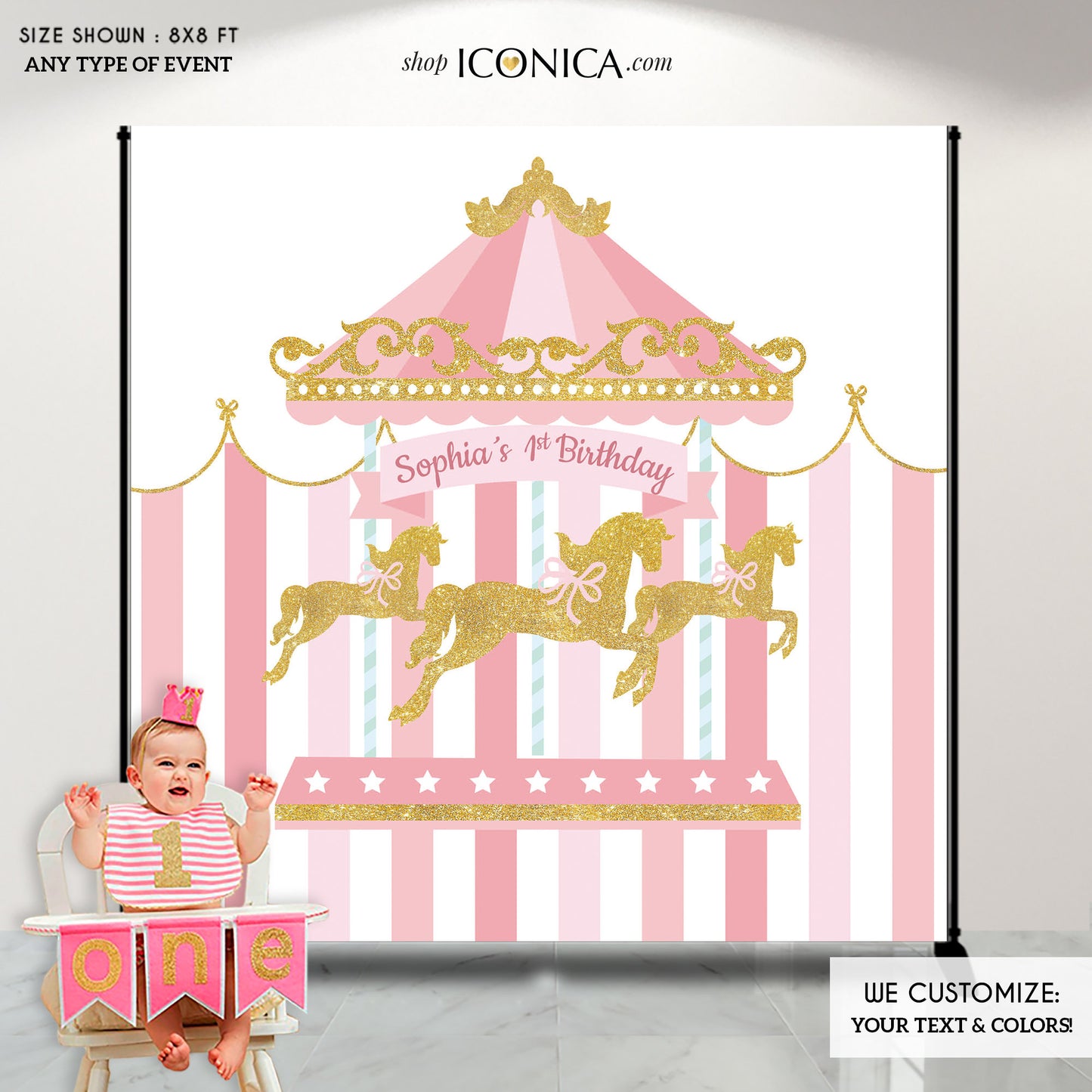 Carousel Backdrop personalized,Carousel Party Banner,Girls Carnival Party Decorations,Carousel First Birthday,Printed Backdrop Bbd0002