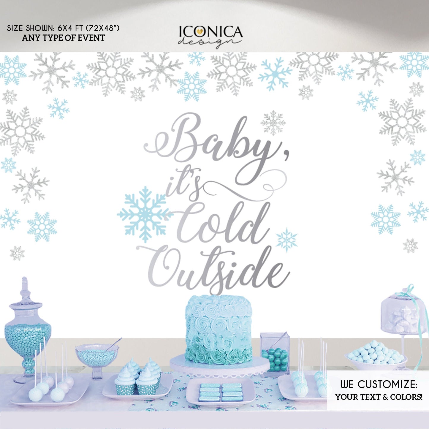 Baby it's cold outside Backdrop, Light Blue and Silver Snowflakes Banner, Christmas Party - Printed BHO0024