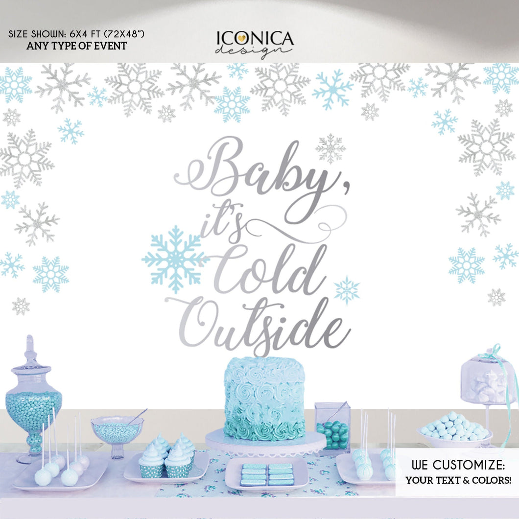 Baby it's cold outside Backdrop, Light Blue and Silver Snowflakes Banner, Christmas Party - Printed BHO0024