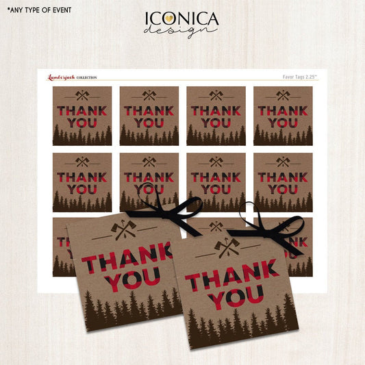 Lumberjack Favor Tags, Holiday Favor Tags, Buffalo Plaid, Flannel Print Kraft Thank You Tags Digital Printable File - Instant Download