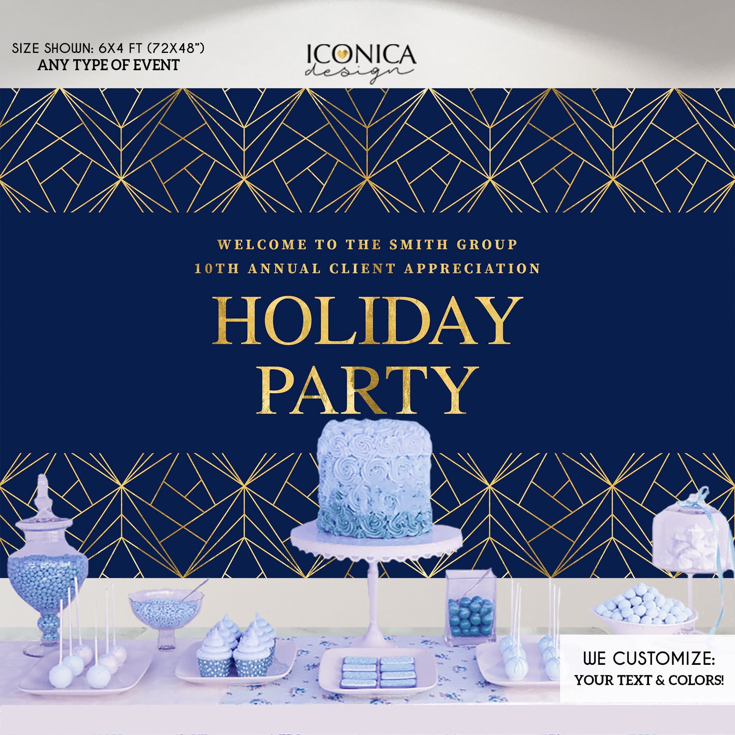 Holiday Party Backdrop,Blue and Gold Sparkles Party Backdrop, Elegant Corporate Backdrop, Christmas Party, Printed BHO0011