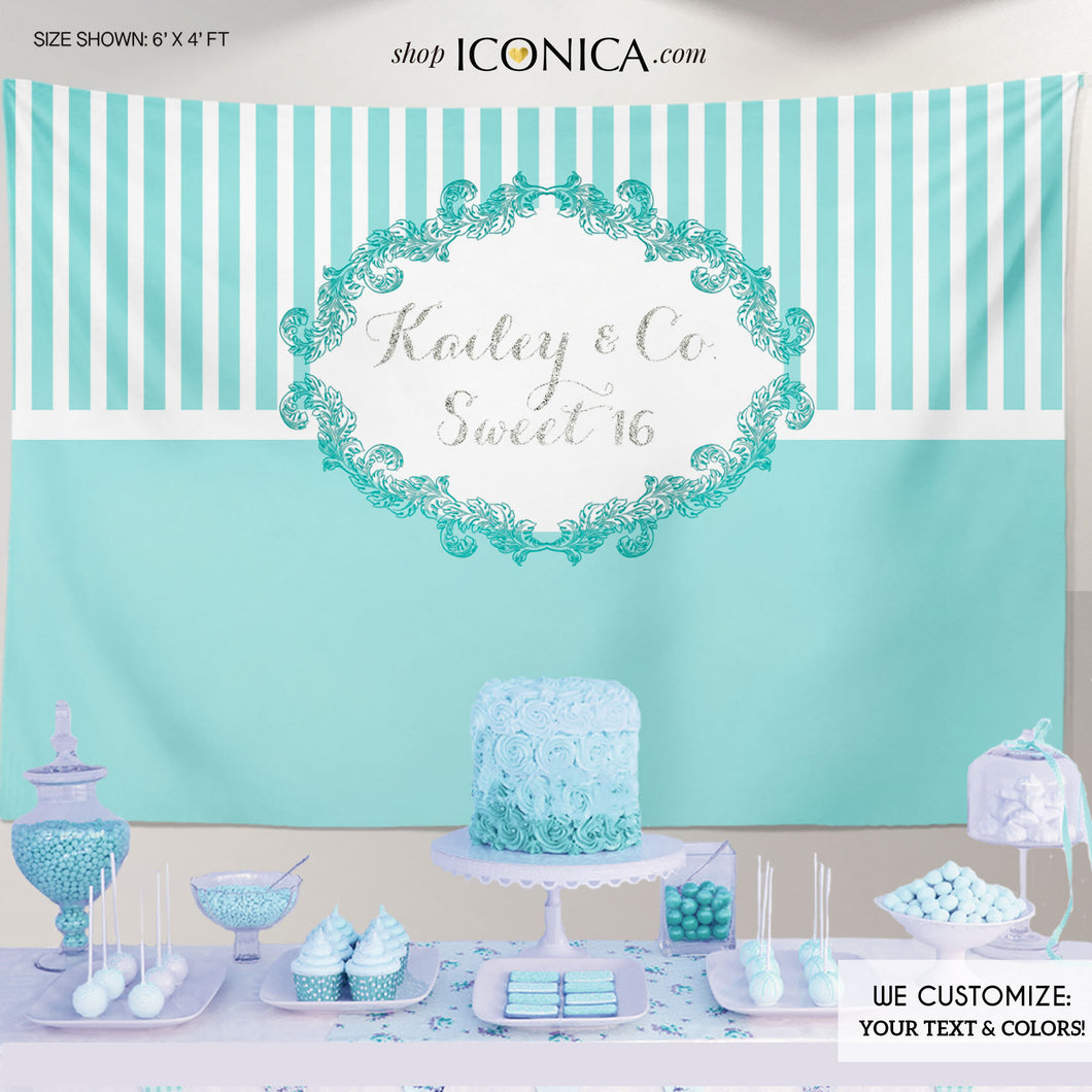 Aqua And Teal Party Backdrop, Elegant Banner, Silver Glittter, Sweet Sixteen Backdrop, Any Event, Any Color, Printed