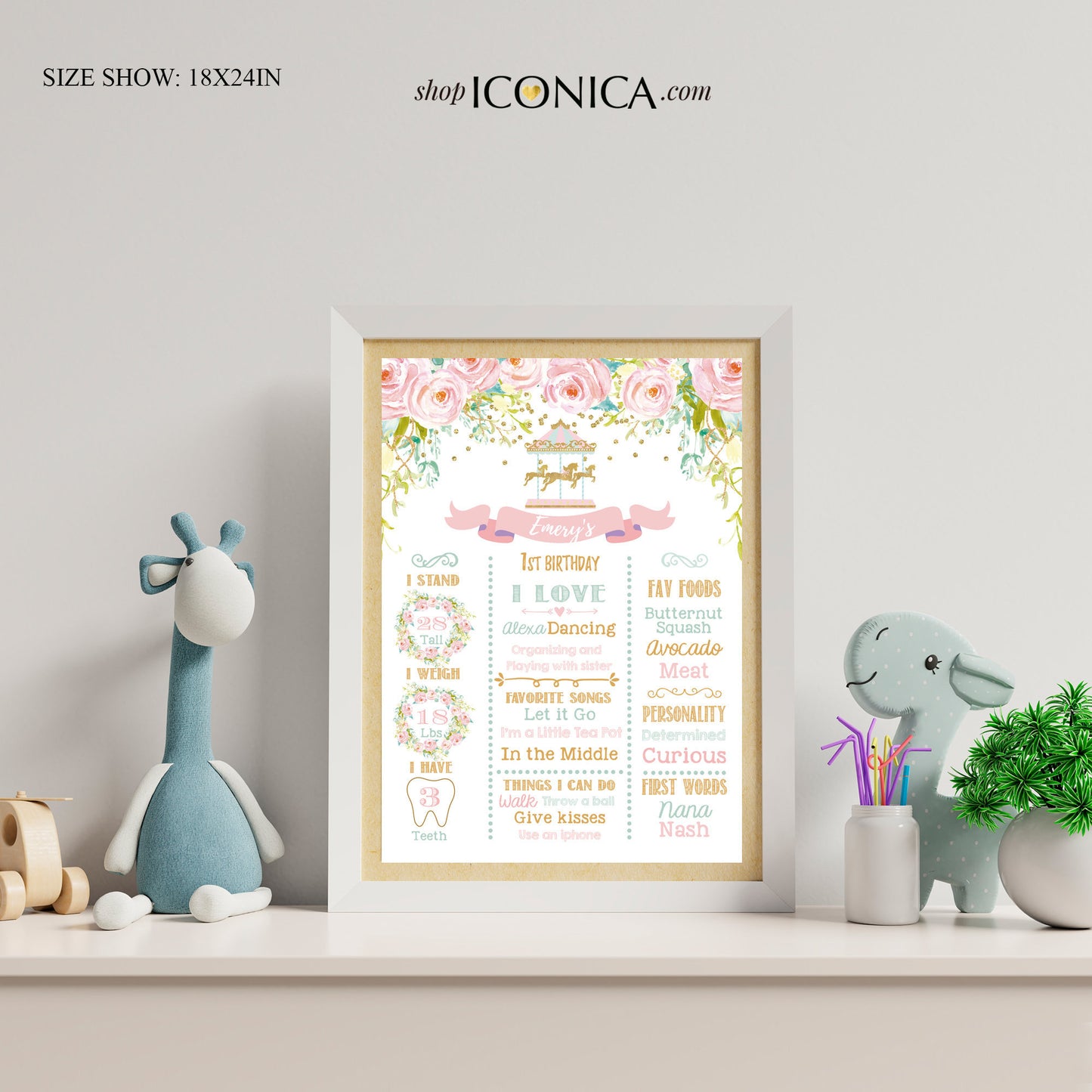 Carousel Nursery Decor,Christmas Gift for Baby Girls,Carousel First Birthday Milestone Poster,Floral Birthday Sign,Milestone Poster CBD0047