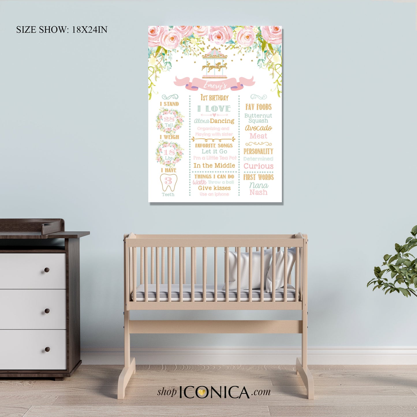 Carousel Nursery Decor,Christmas Gift for Baby Girls,Carousel First Birthday Milestone Poster,Floral Birthday Sign,Milestone Poster CBD0047