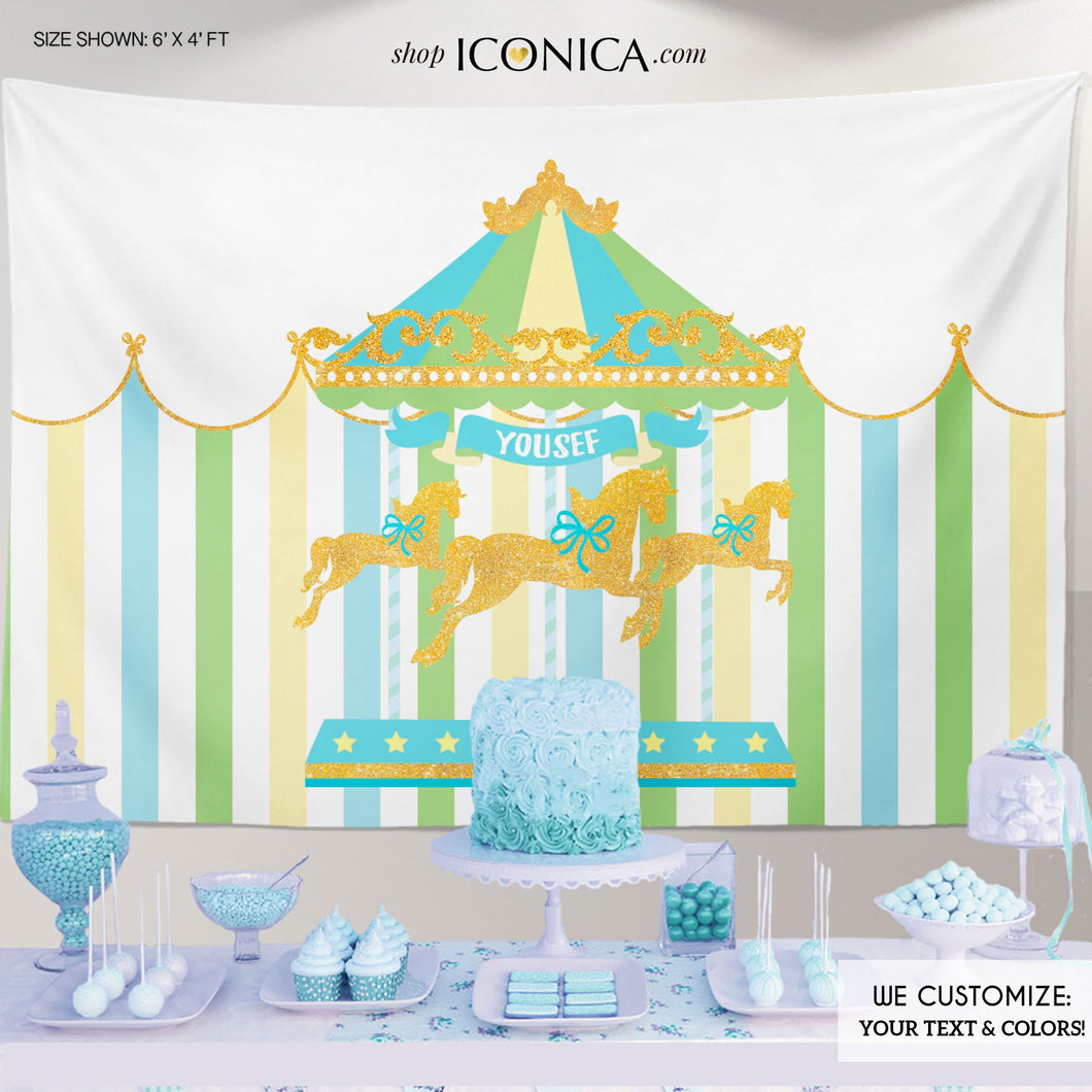 Boys Carousel First Birthday Party Backdrop, Gender Reveal Baby Shower Banner, Boy Circus Banner - Printed