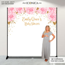 Load image into Gallery viewer, Virtual Baby Shower Baby Shower Backdrop, Pink Flowers and Gold Faux Glitter Decor, any wording, Printed Or Printable File BBR0030
