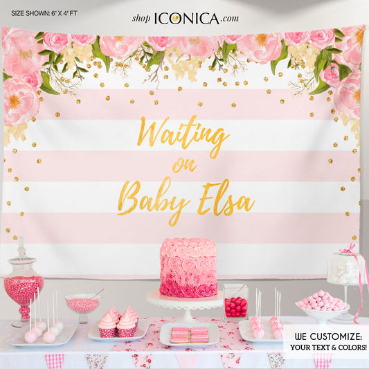 Floral Baby Shower Party Backdrop, Gold and Pink Dessert Table Banner, any wording Watercolor Garden Party Printed or Printable