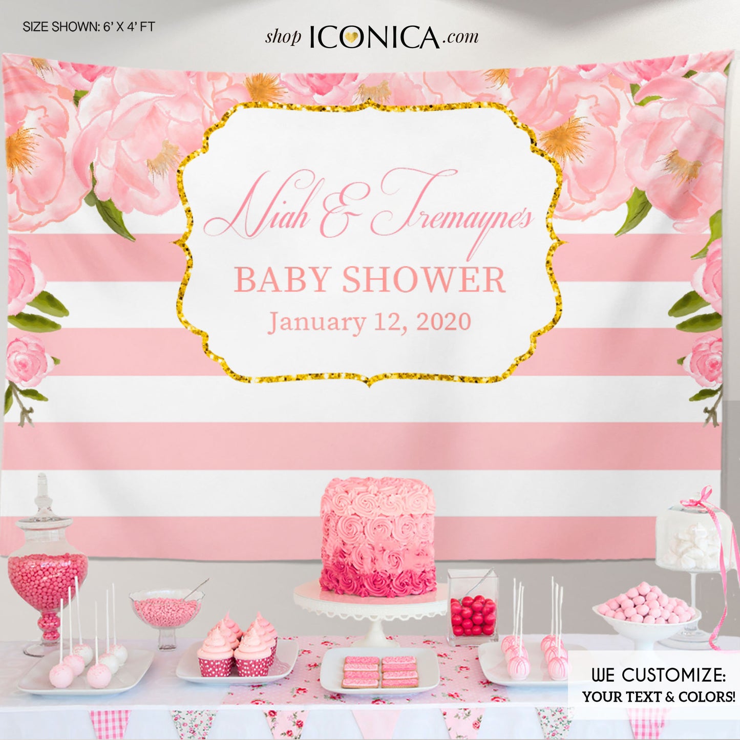 Floral Pink Baby Shower Backdrop, Gold and Pink Peonies Dessert Table Banner, any wording -colors, Garden Party Printed or Printable BBS0043