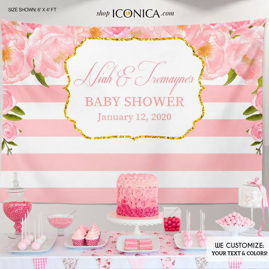 Floral Pink Baby Shower Backdrop, Gold and Pink Peonies Dessert Table Banner, any wording -colors, Garden Party Printed or Printable BBS0043
