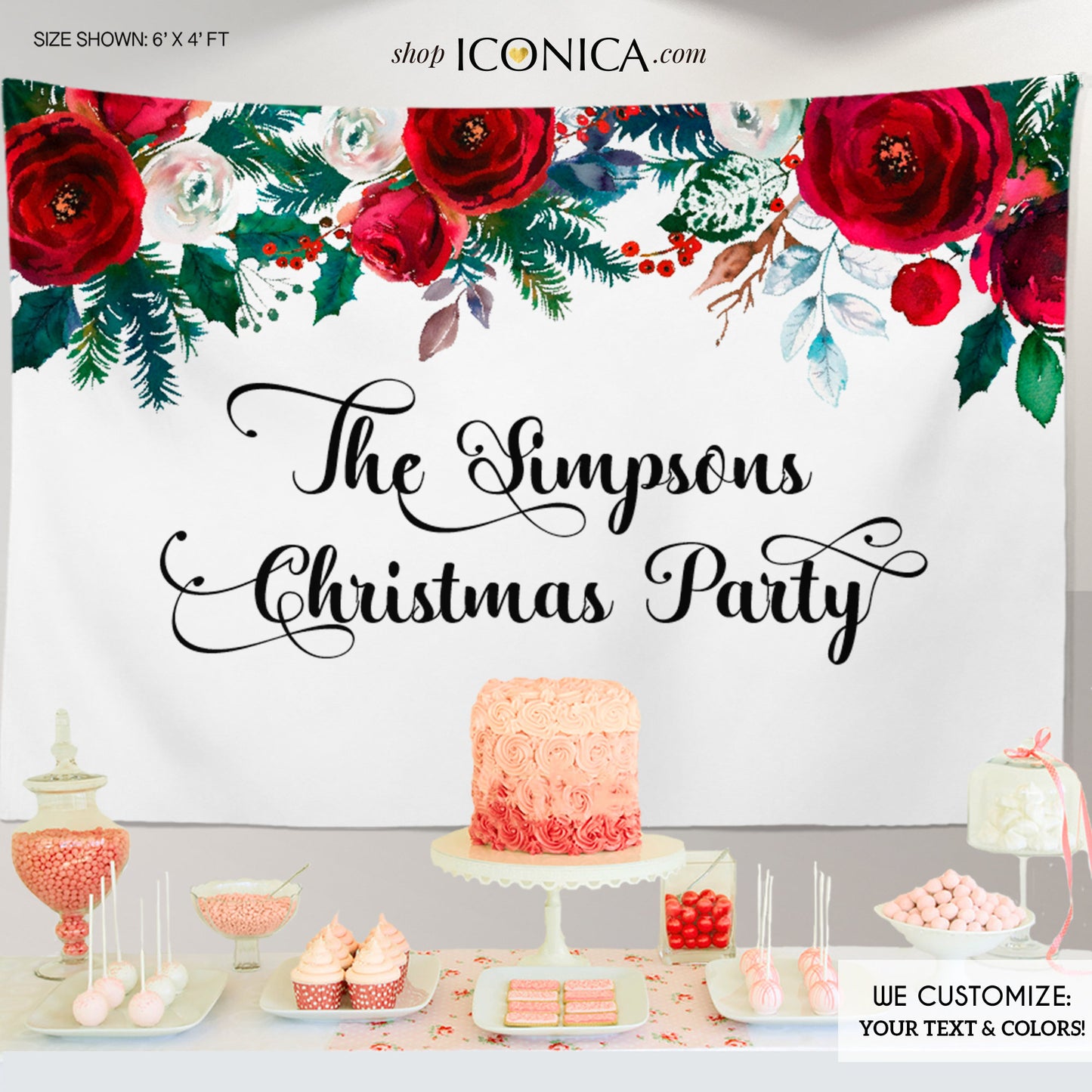 Christmas Party backdrop Personalized,Holiday Party Backdrop,Festive Red Floral Backdrop,Holiday Party Decorations,Printed Backdrop