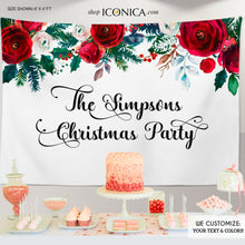 Load image into Gallery viewer, Christmas Party backdrop Personalized,Holiday Party Backdrop,Festive Red Floral Backdrop,Holiday Party Decorations,Printed Backdrop

